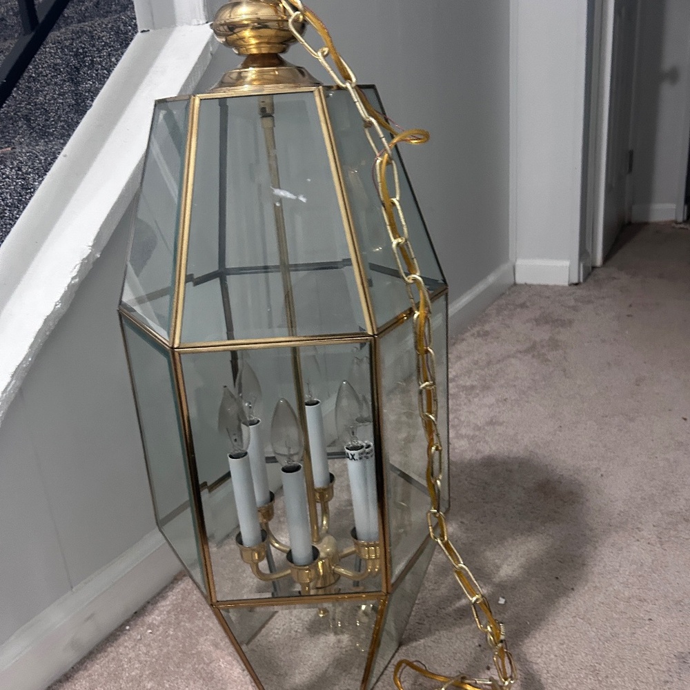 Vintage Fredrick Ramond Hanging 6 Light Candelabra Chandelier Beveled Glass